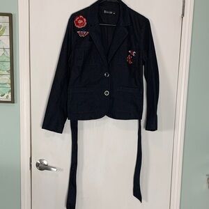 7th Avenue Dark Wash Embroidered Denim Blazer with Belt Women's L Boho Casual